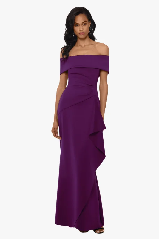 Cocktail dresses with an abstract print and a high - low hemline"Adriana" Long Scuba Crepe Off the Shoulder Dress Cocktail dresses with an abstract print and a high - low hemline"Adriana" Long Scuba Crepe Off the Shoulder Dress