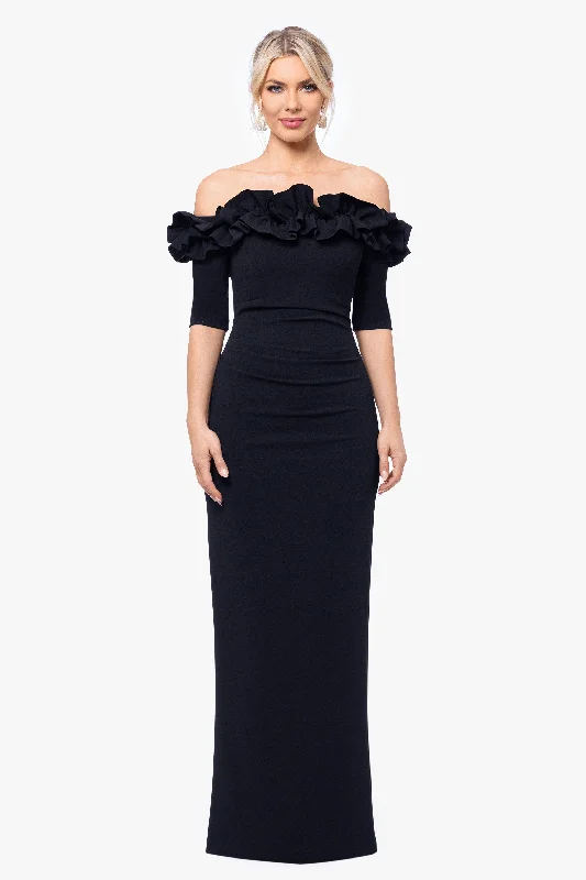 Geometric - printed cocktail dresses with a long - sleeve option"Isla" Long Crepe Off the Shoulder Ruffle Dress Geometric - printed cocktail dresses with a long - sleeve option"Isla" Long Crepe Off the Shoulder Ruffle Dress