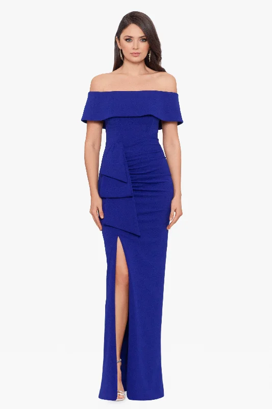 Cocktail dresses with a ruched bodice and spaghetti strapsPetite "Camila" Long Off the Shoulder Scuba Crepe Dress Cocktail dresses with a ruched bodice and spaghetti strapsPetite "Camila" Long Off the Shoulder Scuba Crepe Dress