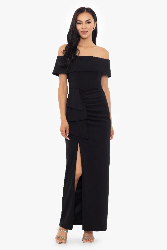 Ruffled cocktail dresses with a knee - length hem for a feminine appealPetite "Camila" Long Off the Shoulder Scuba Crepe Dress