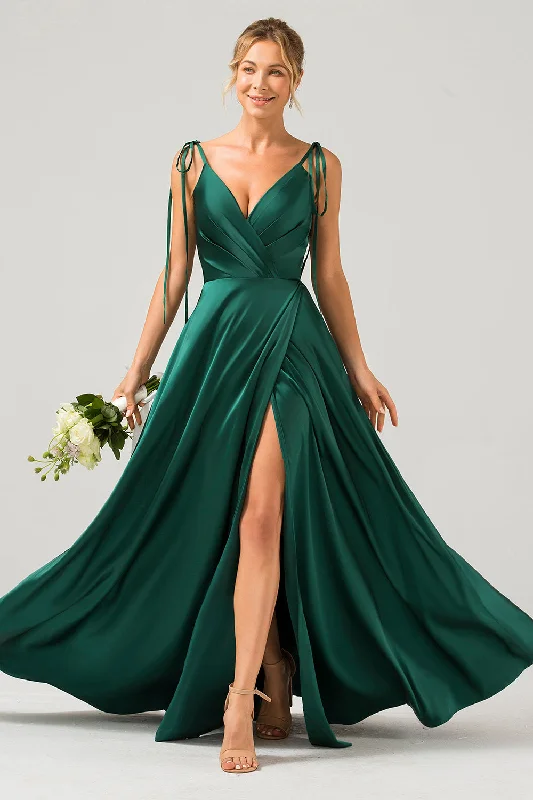 Satin wedding guest dresses with side slits for a sexy touchDark Green A-Line Spaghetti Straps Ruched Long Bridesmaid Dress with Slit Satin wedding guest dresses with side slits for a sexy touchDark Green A-Line Spaghetti Straps Ruched Long Bridesmaid Dress with Slit