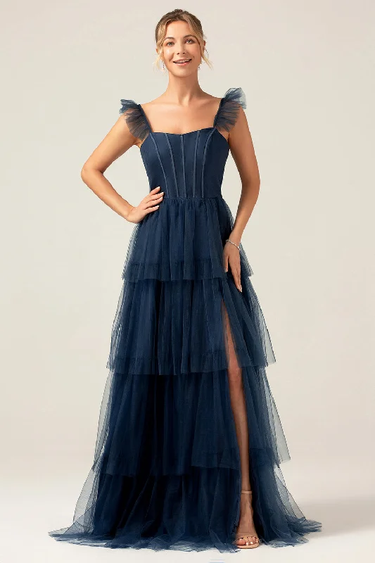 Wedding guest dresses with mesh panels and empire waistsDetachable Straps A Line Navy Tiered Long Bridesmaid Dress Wedding guest dresses with mesh panels and empire waistsDetachable Straps A Line Navy Tiered Long Bridesmaid Dress
