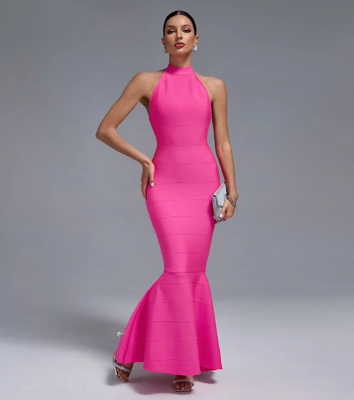 Wedding guest dresses with gathered skirts and V - necklines"Dilli" Figure Hugging Pink Halter Neck Evening Bandage Dress