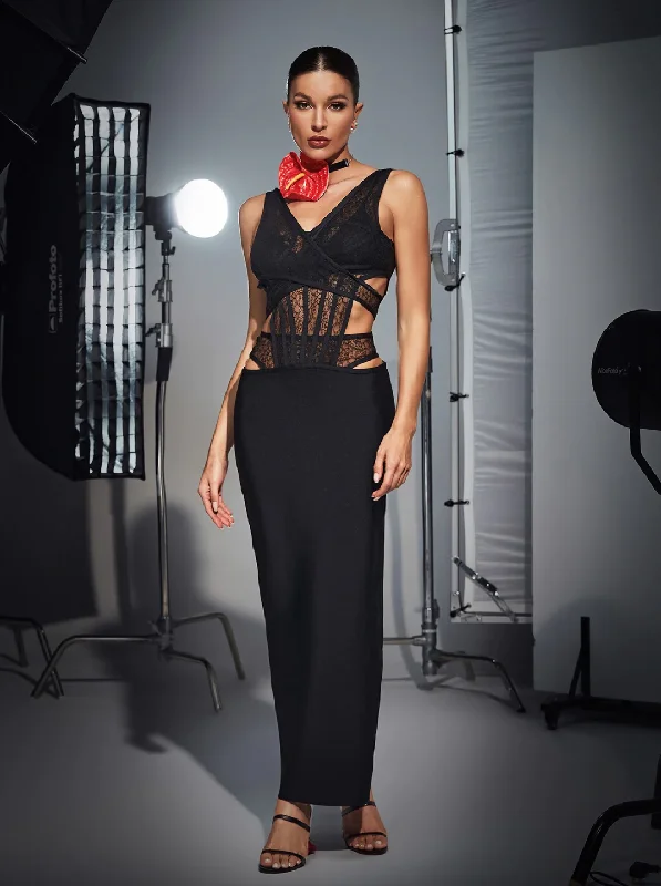 Wedding guest dresses with cold - shoulder ruffled sleeves and knee - length hems"Dolce" Sexy Lace Detailed Black Evening Bandage Dress Wedding guest dresses with cold - shoulder ruffled sleeves and knee - length hems"Dolce" Sexy Lace Detailed Black Evening Bandage Dress