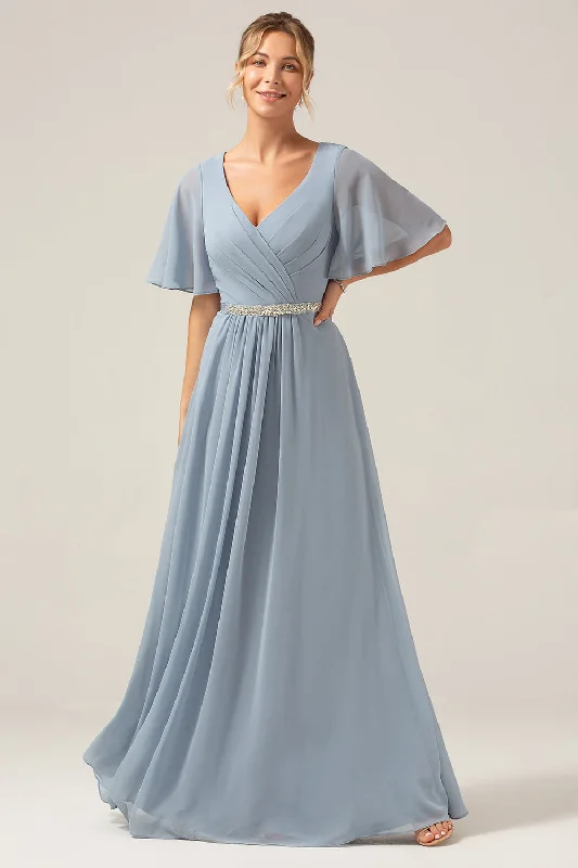Wedding guest dresses with button - down fronts and A - line silhouettesDusty Blue A-Line V Neck Short Sleeves Chiffon Bridesmaid Dress Wedding guest dresses with button - down fronts and A - line silhouettesDusty Blue A-Line V Neck Short Sleeves Chiffon Bridesmaid Dress