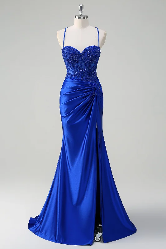Satin cocktail dresses with a high - low hem for a modern touchRoyal Blue Mermaid Spaghetti Straps Pleated Appliqued Prom Dress Satin cocktail dresses with a high - low hem for a modern touchRoyal Blue Mermaid Spaghetti Straps Pleated Appliqued Prom Dress