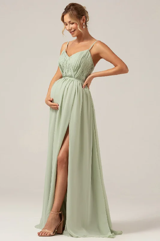 Wedding guest dresses with tiered skirts for a feminine lookDusty Sage A-Line Spaghetti Straps Chiffon Long Bridesmaid Dress with Slit Wedding guest dresses with tiered skirts for a feminine lookDusty Sage A-Line Spaghetti Straps Chiffon Long Bridesmaid Dress with Slit