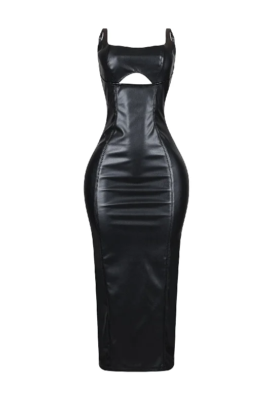 Satin cocktail dresses with a high - low hem for a modern touchElisha Faux Leather Cutout Maxi Dress Satin cocktail dresses with a high - low hem for a modern touchElisha Faux Leather Cutout Maxi Dress