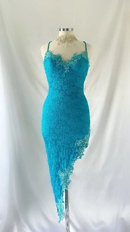 Wrap - style wedding guest dresses with bow accentsSKY BLUE LACE BACKLESS BUSTIER ASYMMETRICAL MIDI DRESS Wrap - style wedding guest dresses with bow accentsSKY BLUE LACE BACKLESS BUSTIER ASYMMETRICAL MIDI DRESS