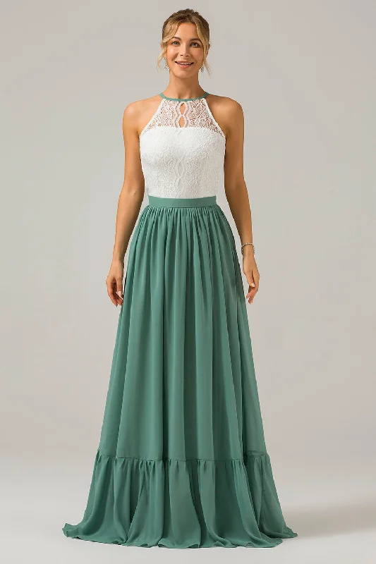 Asymmetric - hem wedding guest dresses in metallic huesEucalyptus Keyhole Boho Chiffon Long Bridesmaid Dress with Lace Asymmetric - hem wedding guest dresses in metallic huesEucalyptus Keyhole Boho Chiffon Long Bridesmaid Dress with Lace