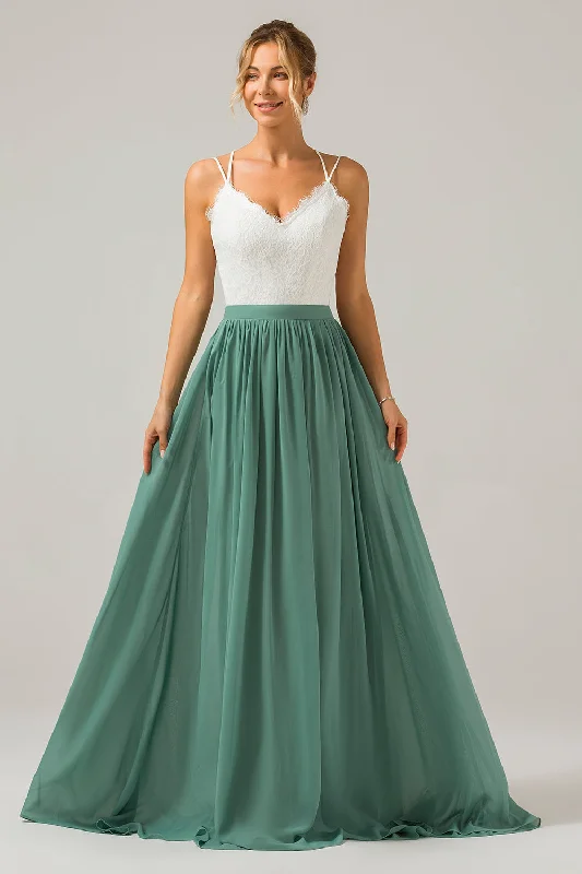 Wedding guest dresses with tassel - adorned belts and A - line skirtsEucalyptus Open Back Boho Chiffon Long Bridesmaid Dress with Lace Wedding guest dresses with tassel - adorned belts and A - line skirtsEucalyptus Open Back Boho Chiffon Long Bridesmaid Dress with Lace