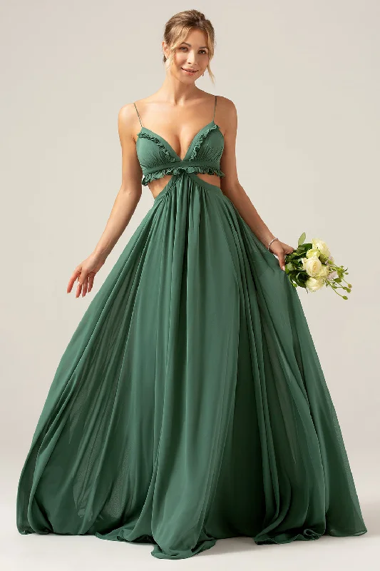 Wedding guest dresses with empire waists and tulle skirtsEucalyptus Spaghetti Straps Hollow-out Long Bridesmaid Dress with Ruffles Wedding guest dresses with empire waists and tulle skirtsEucalyptus Spaghetti Straps Hollow-out Long Bridesmaid Dress with Ruffles