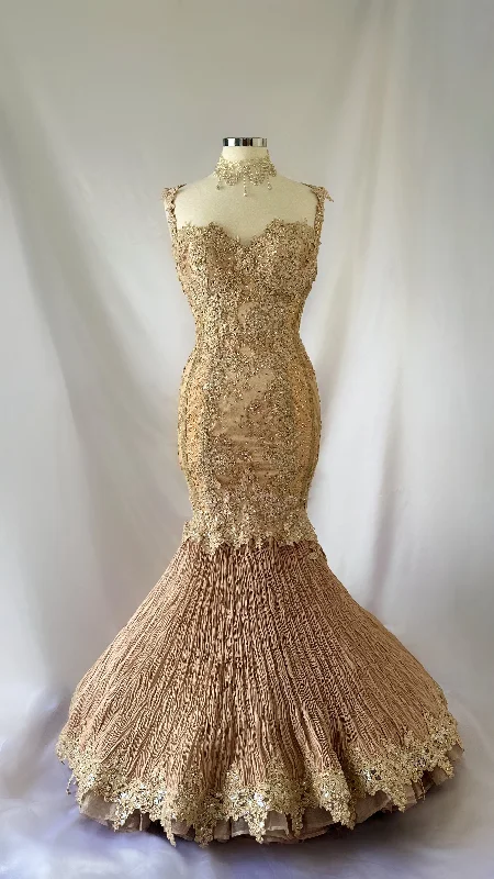 Mini wedding guest dresses with glittery accents for a trendy lookGOLDEN GLAMOUR  EMBELLISHED FISHTAIL BUSTIER GOWN