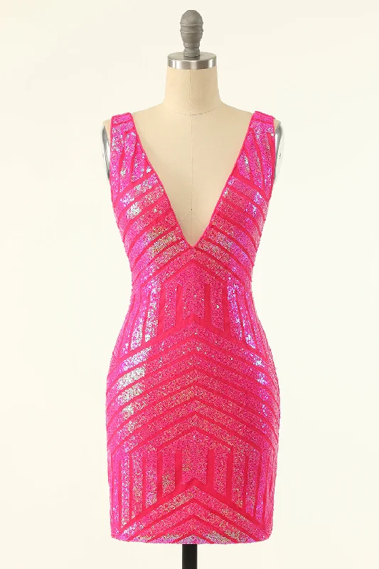 Cocktail dresses with a metallic - embroidered pattern and a midi - hemFuchsia Sequins V-Neck Tight Homecoming Dress Cocktail dresses with a metallic - embroidered pattern and a midi - hemFuchsia Sequins V-Neck Tight Homecoming Dress