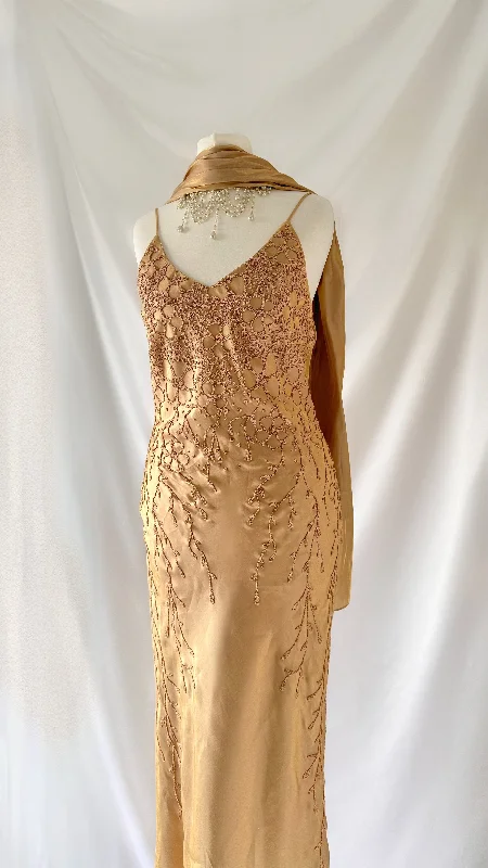 Satin wedding guest dresses with side slits for a sexy touchGOLD IRIDESCENT LEAF VINE EMBELLISHED MAXI DRESS & SCARF SET