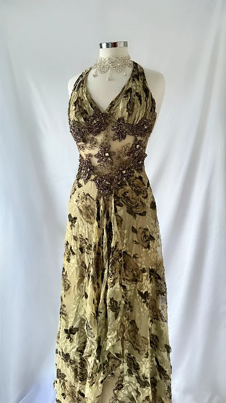 Wedding guest dresses with cut - out details and midi lengthsGOLDEN ROSE SILK DEVORE MESH WAIST EMBELLISHED GOWN