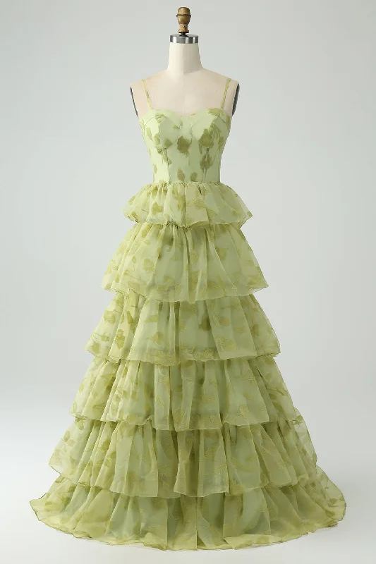 Sleeveless wedding guest dresses with pleated bodicesGreen Flower A Line Spaghetti Straps Long Prom Dress With Ruffles