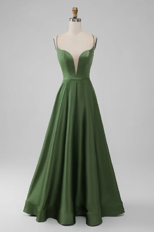 Strapless wedding guest dresses with rhinestone - studded bodicesGreen Satin V Neck A-line Long Bridesmaid Dress