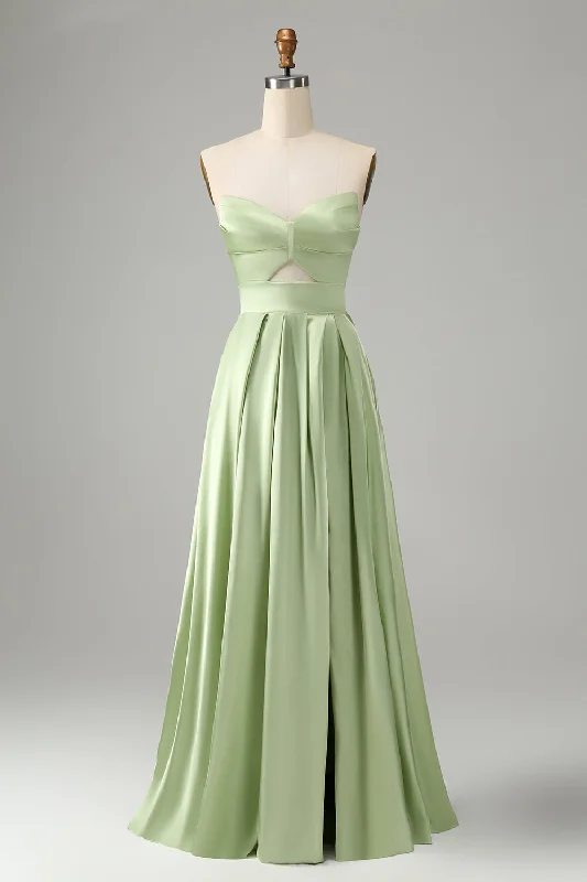 A - line cocktail wedding guest dresses in pastel colorsGreen A Line Pleated Strapless Keyhole Bridesmaid Dress With Slit A - line cocktail wedding guest dresses in pastel colorsGreen A Line Pleated Strapless Keyhole Bridesmaid Dress With Slit