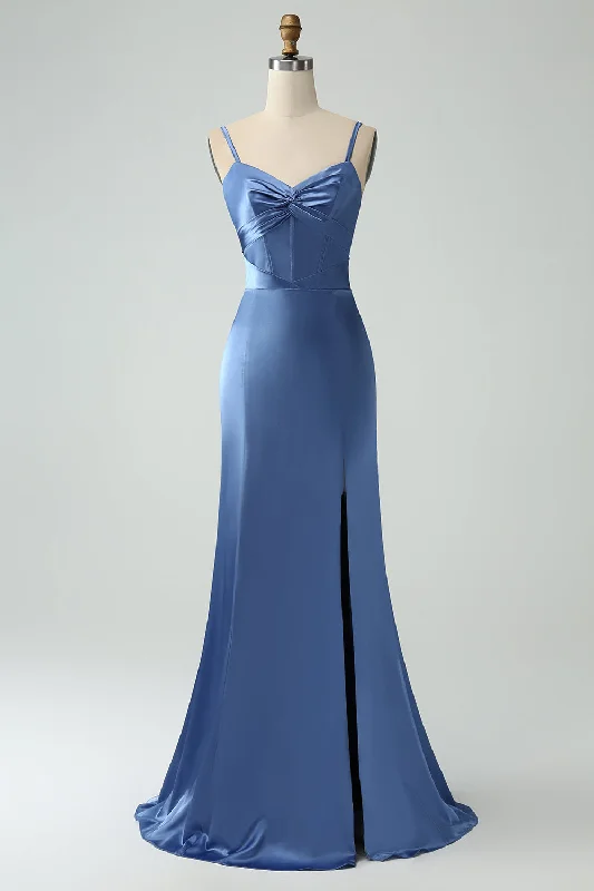 Sheer wedding guest dresses with lace inserts and long sleevesGrey Blue Mermaid Spaghetti Straps Long Satin Bridesmaid Dress with Slit