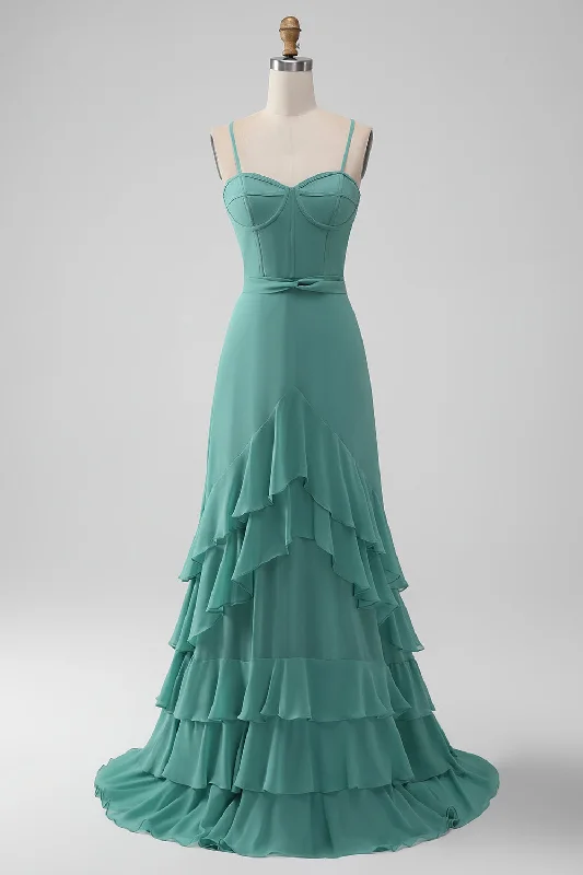 Polka - dot - printed wedding guest dresses with short sleevesGrey Green Spaghetti Straps A Line Bridesmaid Dress with Ruffles