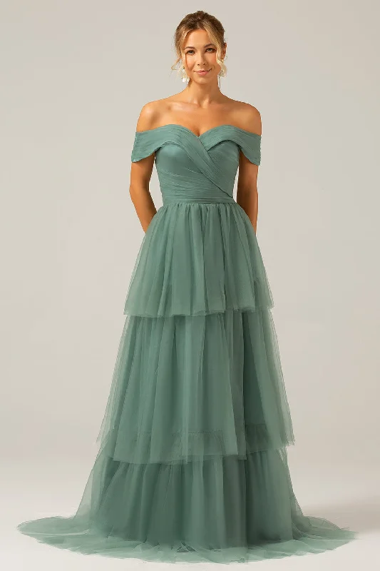 Geometric - printed wedding guest dresses for a modern weddingGrey Green Tulle A Line Off the Shoulder Tiered Bridesmaid Dress Geometric - printed wedding guest dresses for a modern weddingGrey Green Tulle A Line Off the Shoulder Tiered Bridesmaid Dress