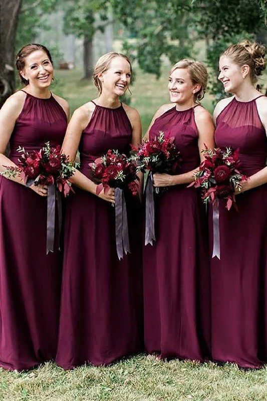 Wedding guest dresses with belted waists and knee - length skirtsHalter Sleeveless Burgundy Long Bridesmaid Dress Wedding guest dresses with belted waists and knee - length skirtsHalter Sleeveless Burgundy Long Bridesmaid Dress