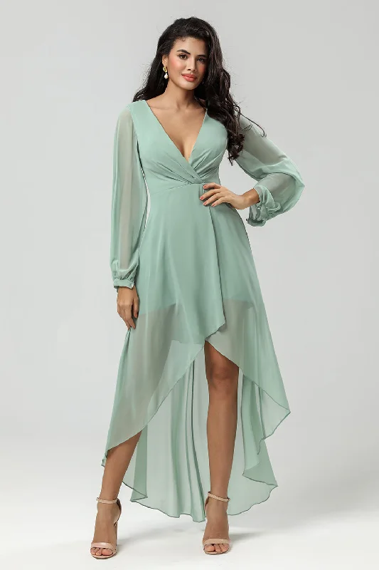Off - the - shoulder wedding guest dresses in chiffonHigh Low V-Neck Matcha Bridesmaid Dress with Long Sleeves Off - the - shoulder wedding guest dresses in chiffonHigh Low V-Neck Matcha Bridesmaid Dress with Long Sleeves