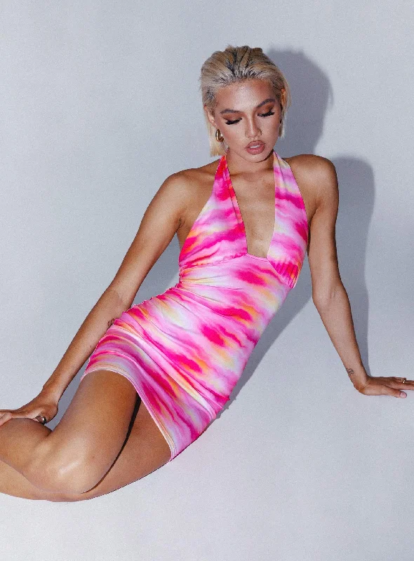 Bodycon dress with a one - shoulder design​Imogen Sunset Print Mini Dress Pink