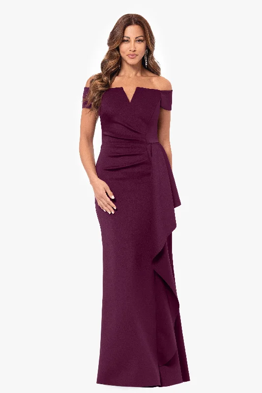 Cocktail dresses with a gathered skirt and a button - down front"Jenine" Long Scuba Crepe Off the Shoulder Dress Cocktail dresses with a gathered skirt and a button - down front"Jenine" Long Scuba Crepe Off the Shoulder Dress