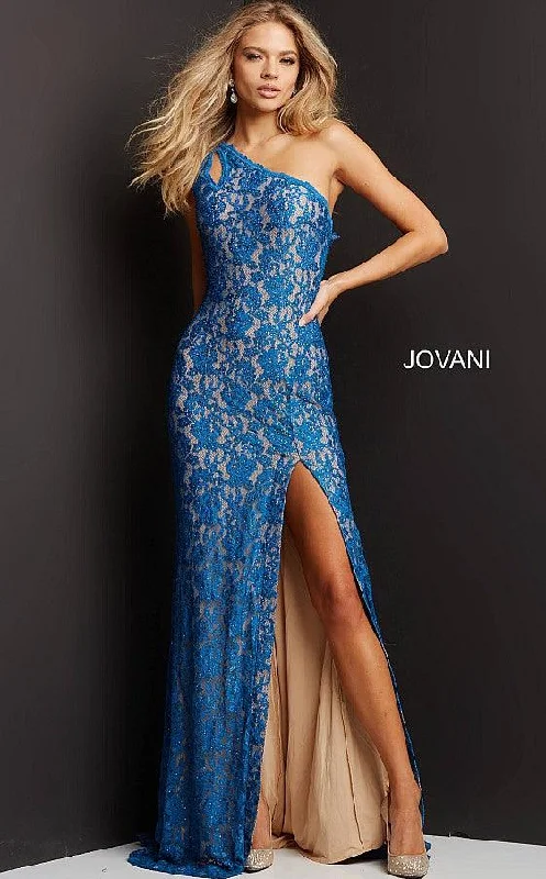 Bodycon dress with a metallic finish​Jovani 08515 One Shoulder Long Formal Prom Dress