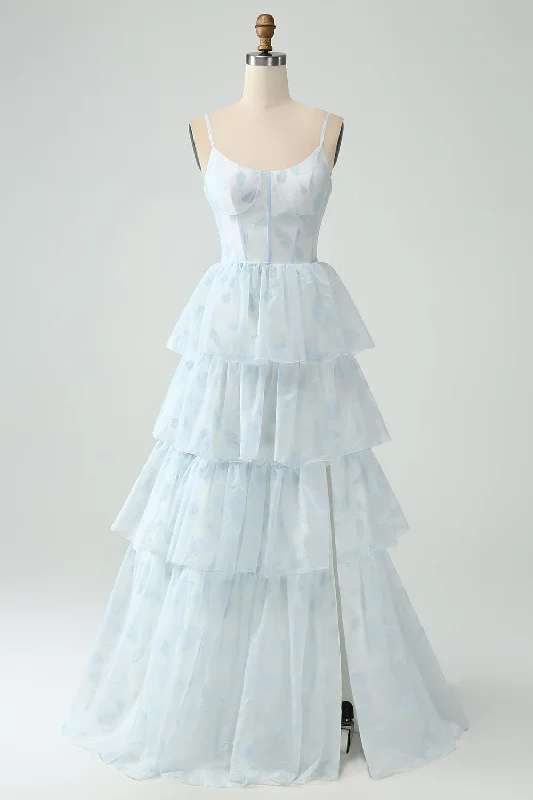 Lace - and - tulle wedding guest dresses with sweetheart necklinesLight Blue A Line Tiered Corset Ruffled Bridesmaid Dress With Slit