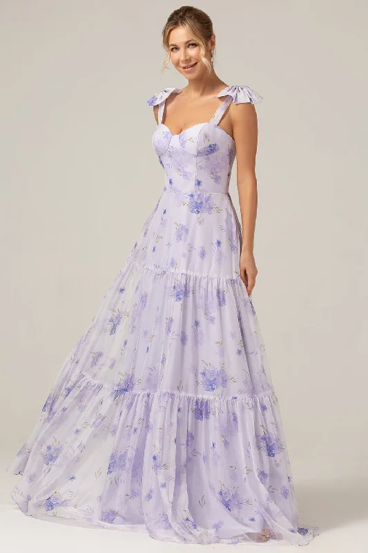 Bow - backed wedding guest dresses in silk for a luxurious feelLilac Corset Floral Print A-Line Long Bridesmaid Dress Bow - backed wedding guest dresses in silk for a luxurious feelLilac Corset Floral Print A-Line Long Bridesmaid Dress