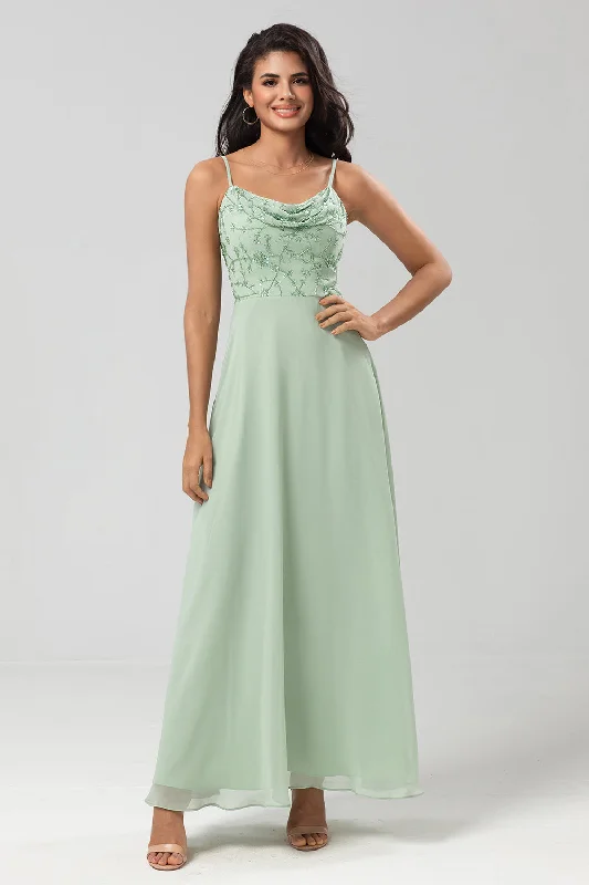 Tea - length wedding guest dresses with polka dot patternsLong Dusty Sage Bridesmaid Dress with Beaded Tea - length wedding guest dresses with polka dot patternsLong Dusty Sage Bridesmaid Dress with Beaded