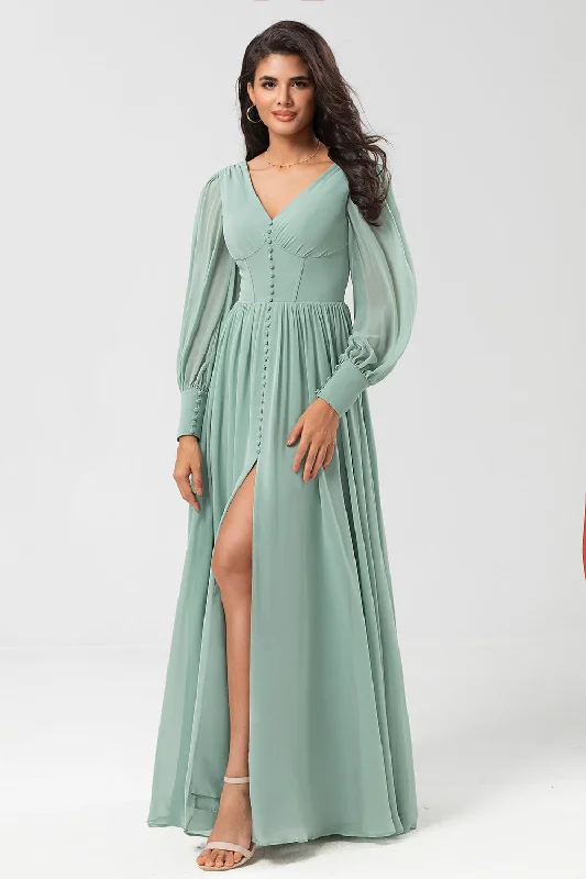 Wedding guest dresses with empire waists and tulle skirtsLong Sleeves Matcha Long Bridesmaid Dress with Split Front Wedding guest dresses with empire waists and tulle skirtsLong Sleeves Matcha Long Bridesmaid Dress with Split Front