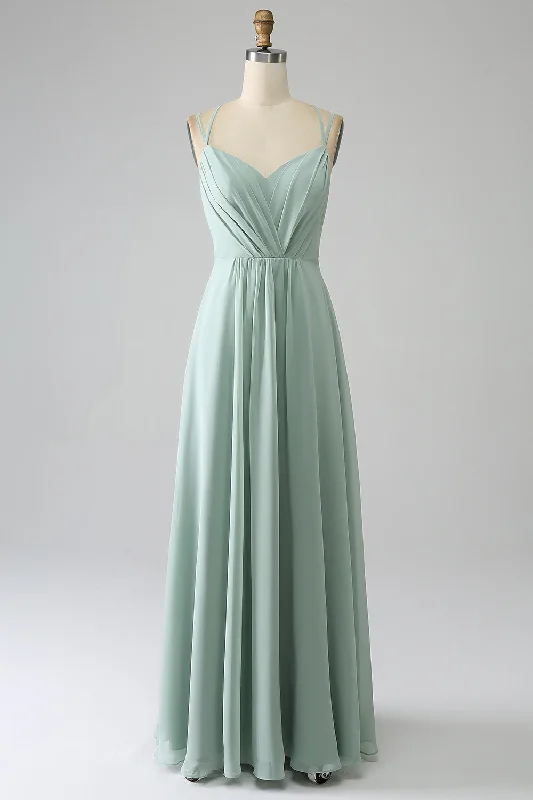 Long - sleeved wedding guest dresses in velvet for a winter weddingMatcha A-Line Spaghetti Straps Backless Pleated Long Bridesmaid Dress Long - sleeved wedding guest dresses in velvet for a winter weddingMatcha A-Line Spaghetti Straps Backless Pleated Long Bridesmaid Dress