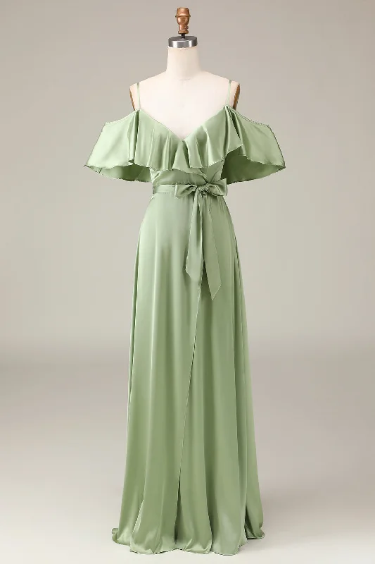 Sheer wedding guest dresses with lace inserts and long sleevesMatcha Spaghetti Straps Cold Shoulder A-line Satin Bridesmaid Dress Sheer wedding guest dresses with lace inserts and long sleevesMatcha Spaghetti Straps Cold Shoulder A-line Satin Bridesmaid Dress