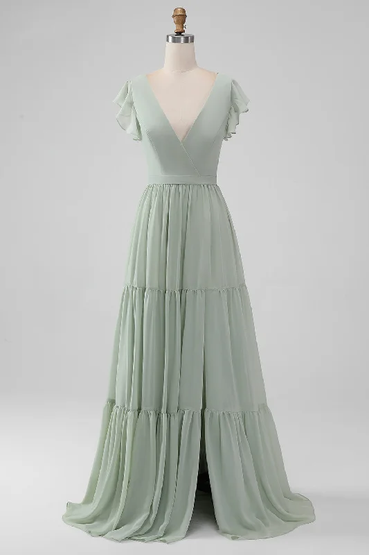 Bow - backed wedding guest dresses in silk for a luxurious feelMatcha V Neck A Line Chiffon Long Bridesmaid Dress with Slit