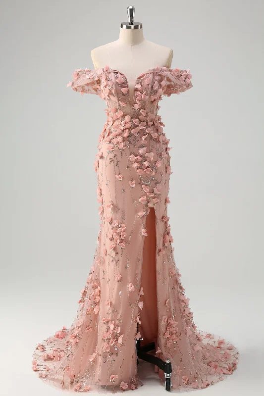 Geometric - printed cocktail dresses with a long - sleeve optionBlush Mermaid Off the Shoulder Slit Long Prom Dress With 3D Flowers Geometric - printed cocktail dresses with a long - sleeve optionBlush Mermaid Off the Shoulder Slit Long Prom Dress With 3D Flowers