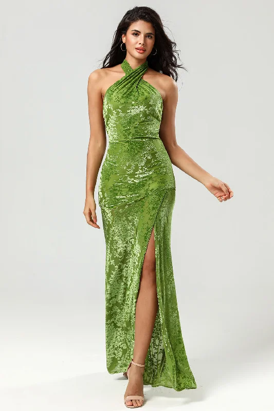 Halter - neck wedding guest dresses with beaded strapsMermaid Halter Velvet Olive Bridesmaid Dress with Slit Halter - neck wedding guest dresses with beaded strapsMermaid Halter Velvet Olive Bridesmaid Dress with Slit