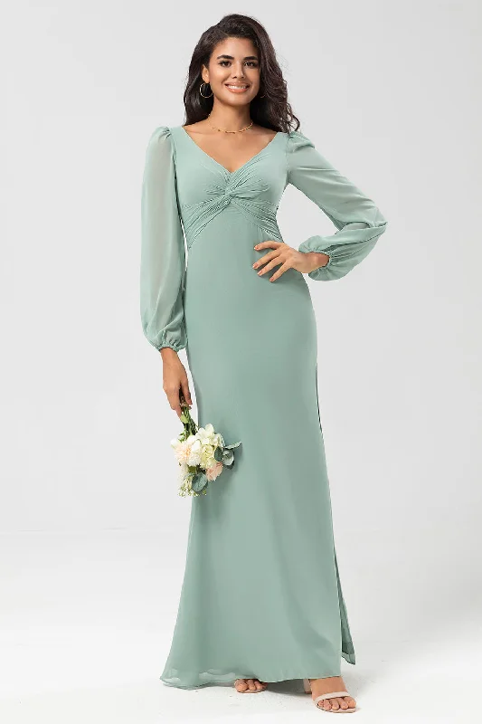 Lace - trimmed wedding guest dresses in blush pinkMermaid Long Sleeves Matcha Bridesmaid Dress with Slit Lace - trimmed wedding guest dresses in blush pinkMermaid Long Sleeves Matcha Bridesmaid Dress with Slit