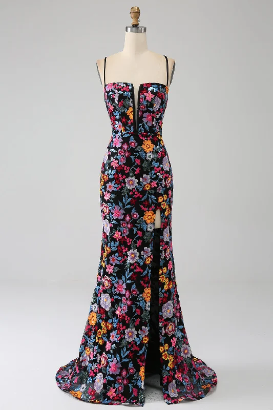 Cocktail dresses with off - the - shoulder designs and beaded accentsMermaid Spaghetti Straps Black Flower Embroidered Prom Dress With Side Slit Cocktail dresses with off - the - shoulder designs and beaded accentsMermaid Spaghetti Straps Black Flower Embroidered Prom Dress With Side Slit