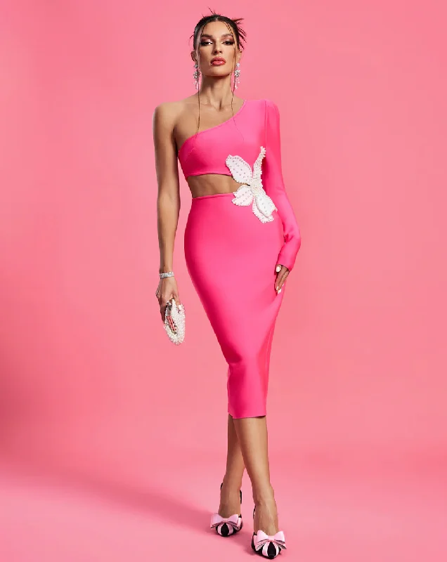 Sleeveless wedding guest dresses with pleated bodices"Mermal" Pink One Shoulder Pearl Applique Midi Bandage Dress Sleeveless wedding guest dresses with pleated bodices"Mermal" Pink One Shoulder Pearl Applique Midi Bandage Dress