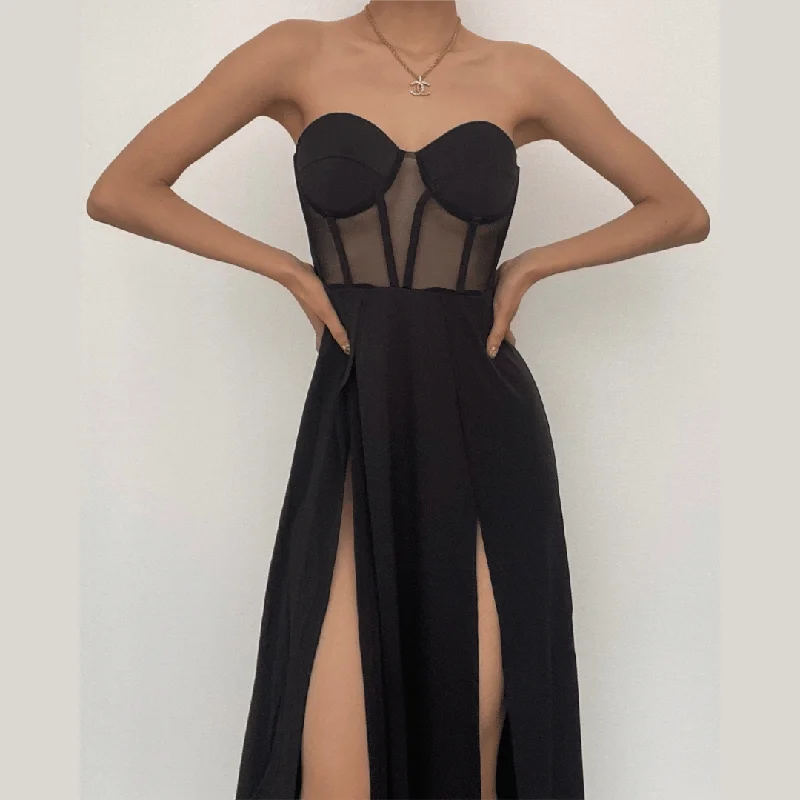 Ribbed - texture cocktail dresses with a cap - sleeve designBerryBetty - Mesh heart neck high slit pleated tube maxi dress Ribbed - texture cocktail dresses with a cap - sleeve designBerryBetty - Mesh heart neck high slit pleated tube maxi dress
