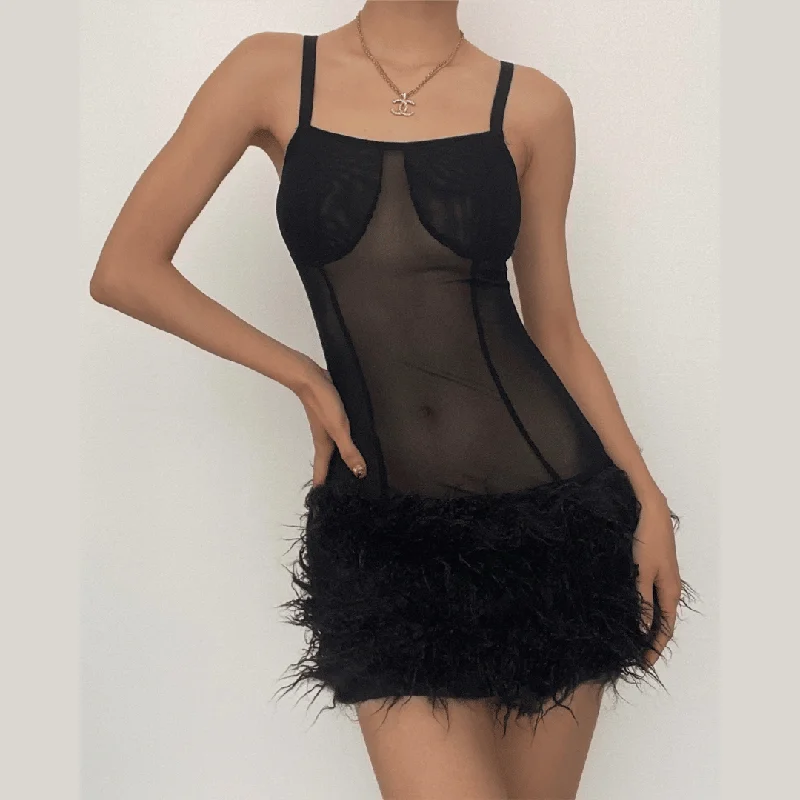 Geometric - printed cocktail dresses with a long - sleeve optionBerryBetty - Mesh see through feather sleeveless backless mini dress
