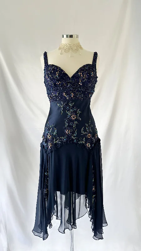 Wedding guest dresses with cold - shoulder ruffled sleeves and knee - length hemsMIDNIGHT BLUE BLOSSOM EMBELLISHED SILK MIDI DRESS Wedding guest dresses with cold - shoulder ruffled sleeves and knee - length hemsMIDNIGHT BLUE BLOSSOM EMBELLISHED SILK MIDI DRESS