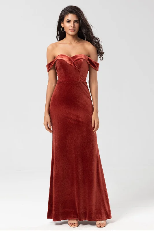 Geometric - printed wedding guest dresses for a modern weddingOff The Shoulder Terracotta Long Bridesmaid Dress