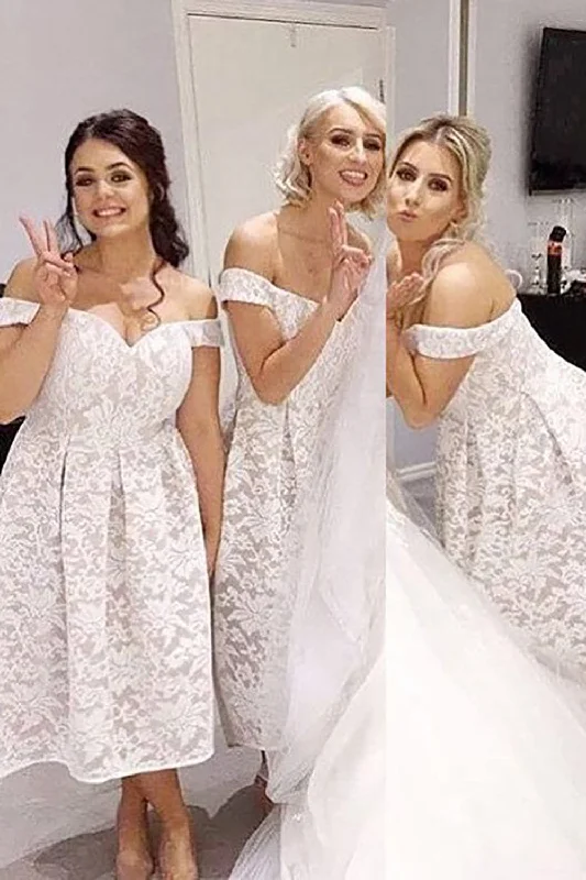 Wedding guest dresses with abstract prints and long trainsOff The Shoulder White Lace Bridesmaid Dress Wedding guest dresses with abstract prints and long trainsOff The Shoulder White Lace Bridesmaid Dress