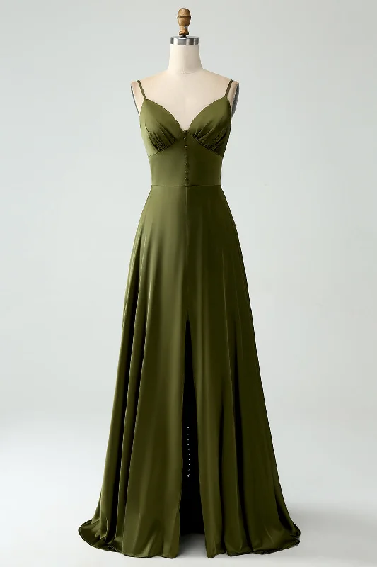 One - shoulder wedding guest dresses with beaded detailsOlive A-Line Spaghetti Straps Satin Long Bridesamid Dress One - shoulder wedding guest dresses with beaded detailsOlive A-Line Spaghetti Straps Satin Long Bridesamid Dress