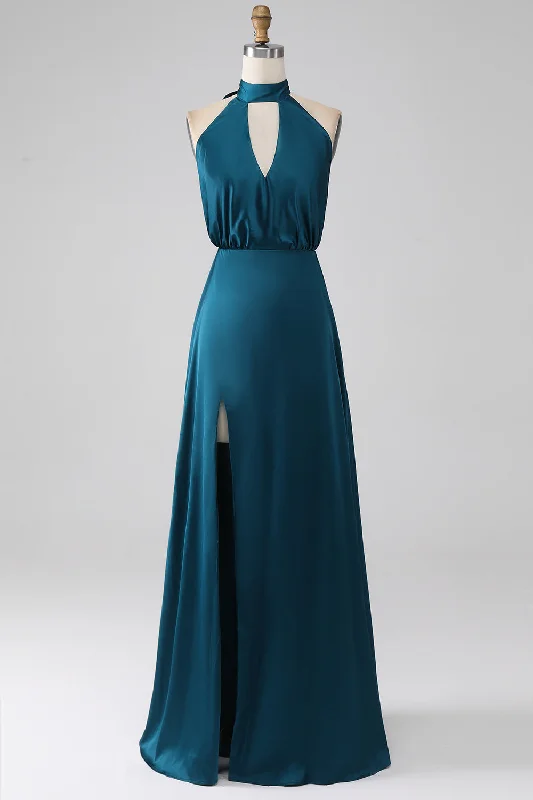 Tea - length wedding guest dresses with polka dot patternsPeacock A-Line Halter Neck Long Bridesmaid Dress with Slit Tea - length wedding guest dresses with polka dot patternsPeacock A-Line Halter Neck Long Bridesmaid Dress with Slit
